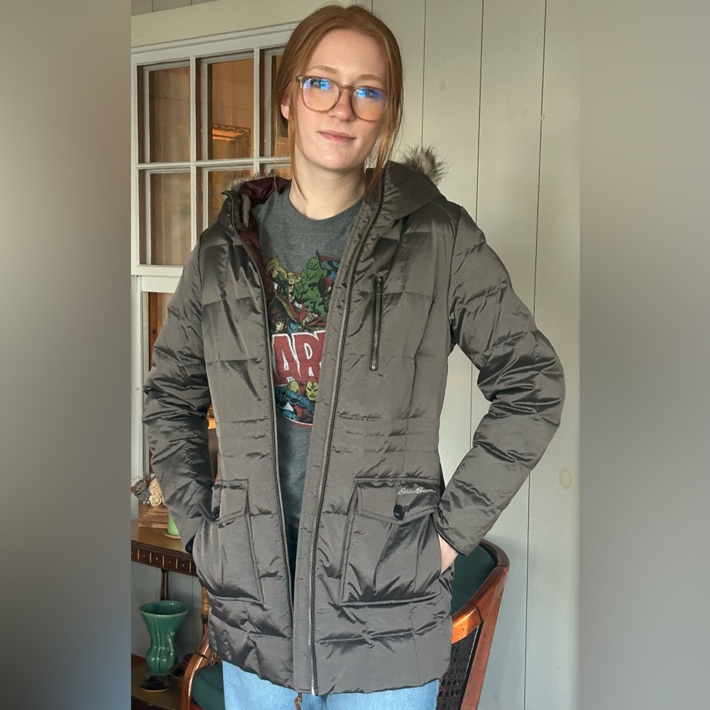 Eddie Bauer Brownish/Gray Puffer Jacket with Faux Fur Hood - Picture 11 of 12